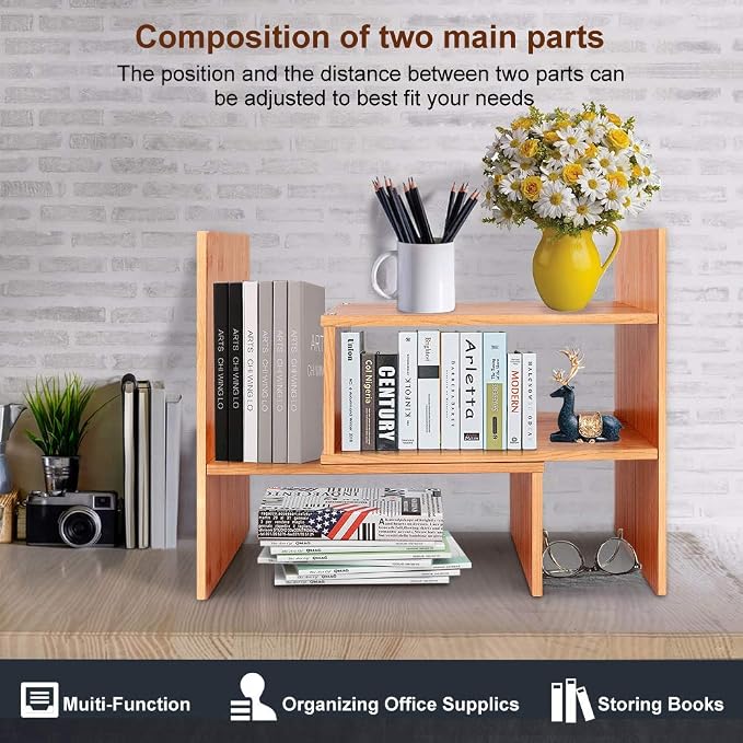 Sorfity Adjustable Desktop Bookshelf, Desk Organizer Display Shelf Counter Top - Image 3
