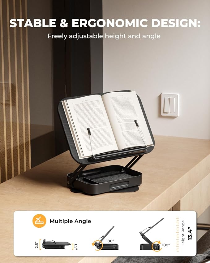 Adjustable Book Stand with Storage Drawer, 360° Rotating Book Holder, Height & - Image 5