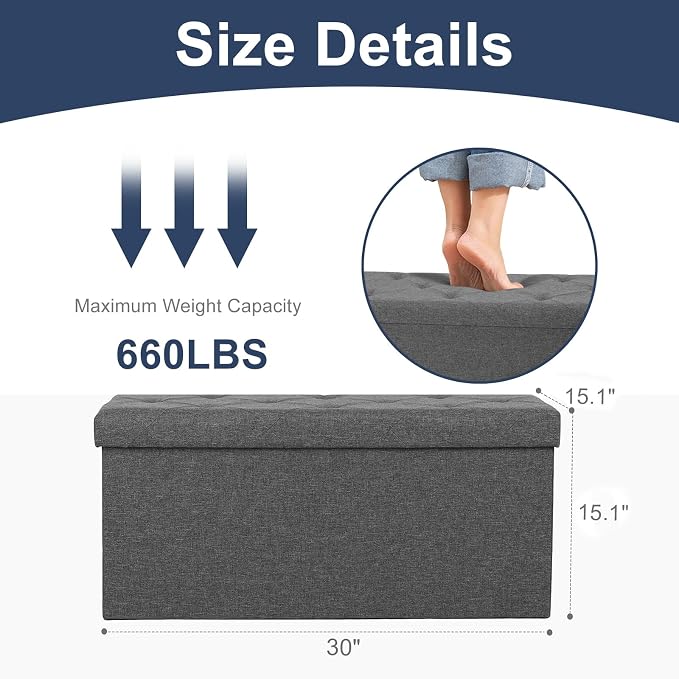 DUMOS 30in Storage Ottoman Bench, Storage Chest, End of Bed Foot Rest Stool - Image 3