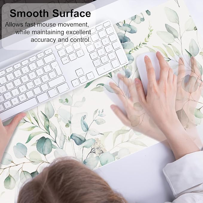 QiyI Large Mouse Pad, Cute Green Leaves Desk Mat - Image 4