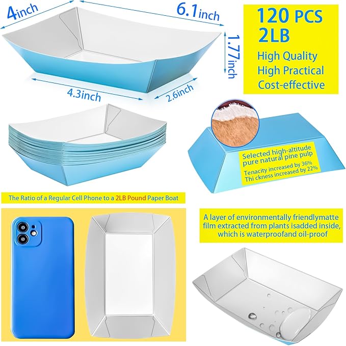 120 Pack 2LB Colorful Paper Food Boat Trays Disposable Paper Boats Containers - Image 2