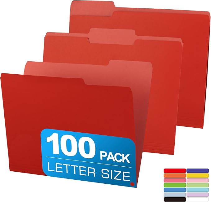 Two-Tone File Folder 8.5 x 11 Inch, 100 Pack Red File Folders, 1/3 Cut Tabs by Unknown