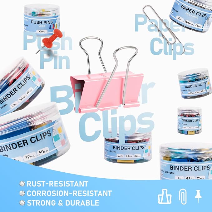 408 PCS Binder Clips Paper Clamps Assorted Sizes and Push Pins, Binding - Image 2