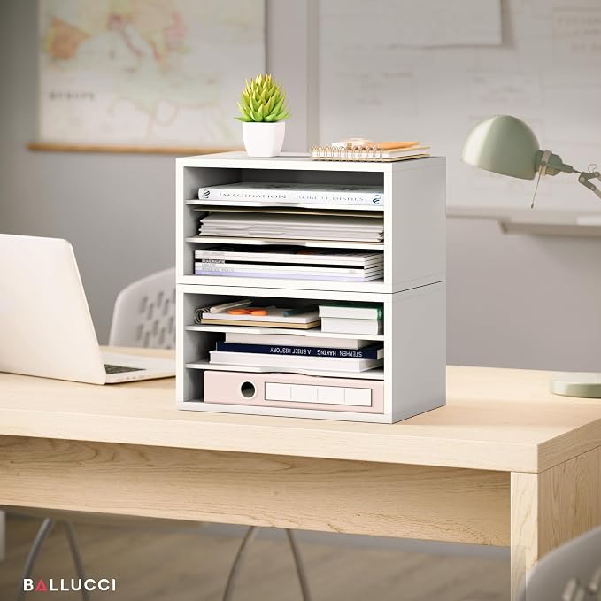 Ballucci File Organizer, 3-Tier Document Paper Sorter, Stackable Wood Desk - Image 6