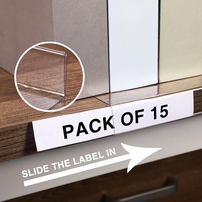 Containlol 15 Pieces Moveable Shelf Label Holders Clear Shelves Tags Moveable - Image 3
