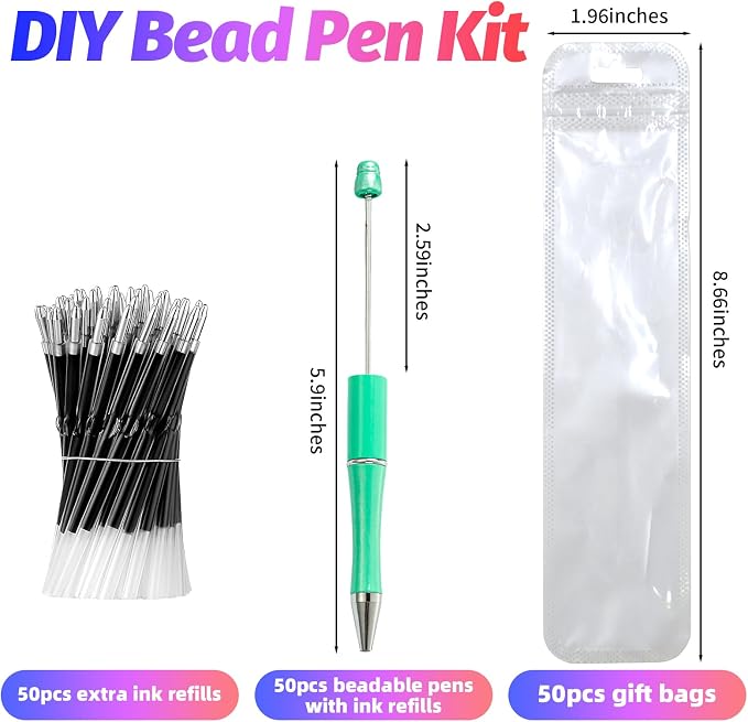 150 Pieces DIY Beadable Pen Kit – 50 Plastic Ballpoint Pens - Image 2