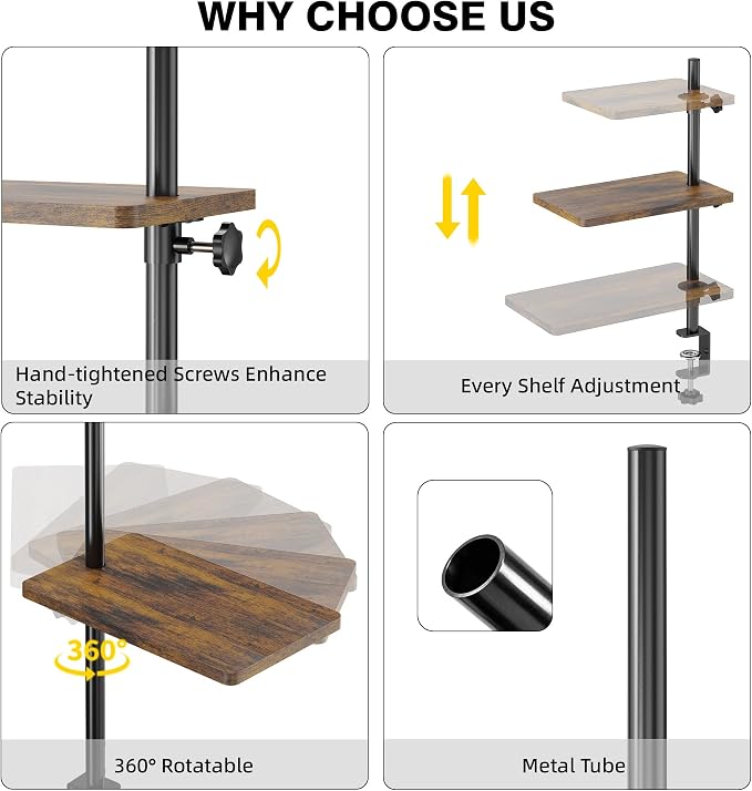 3 Tiers Clamp On Desk Shelf, 360° Angle Adjustable Desktop Shelf Organizer - Image 5