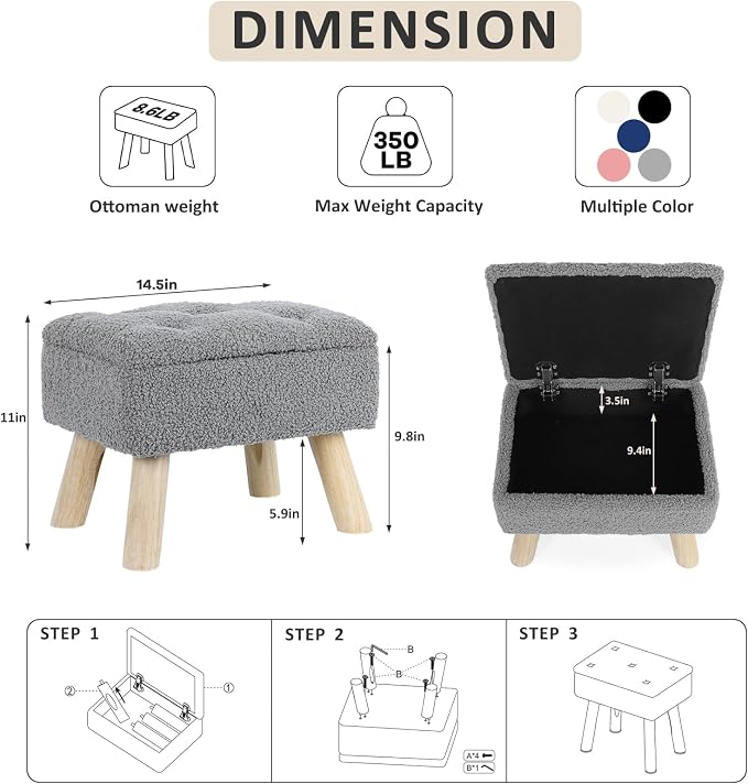 OGEMXU Storage Ottoman, Small Storage Ottoman Foot Stool - Image 3