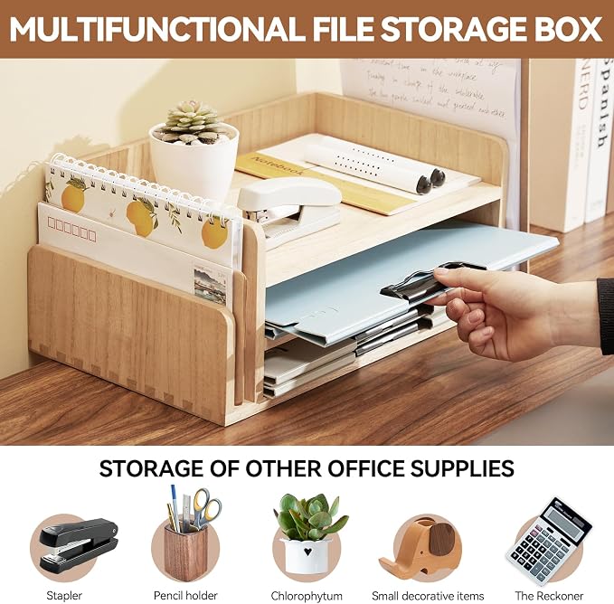 KIRIGEN Wood Desk Organizer 5 Trays, 3-Tier Desktop Document Letter Tray - Image 2