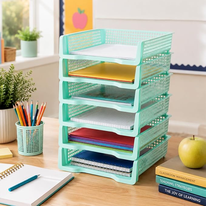 Set of 6 Teal Turn in Trays for Teachers Stackable Classroom Paper Letter Trays - Image 4