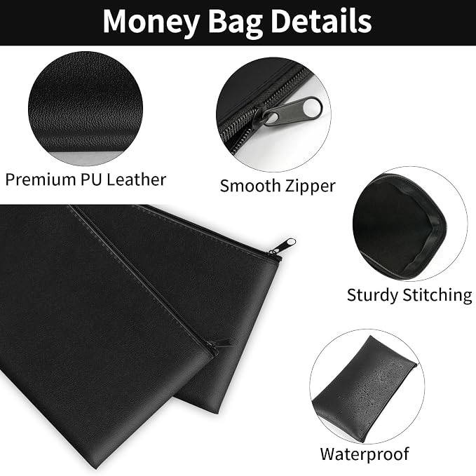 2 Pack Money Bags with Zipper, 11x6.1 Inch PU Leather Cash Pouch, Secure Bank - Image 3