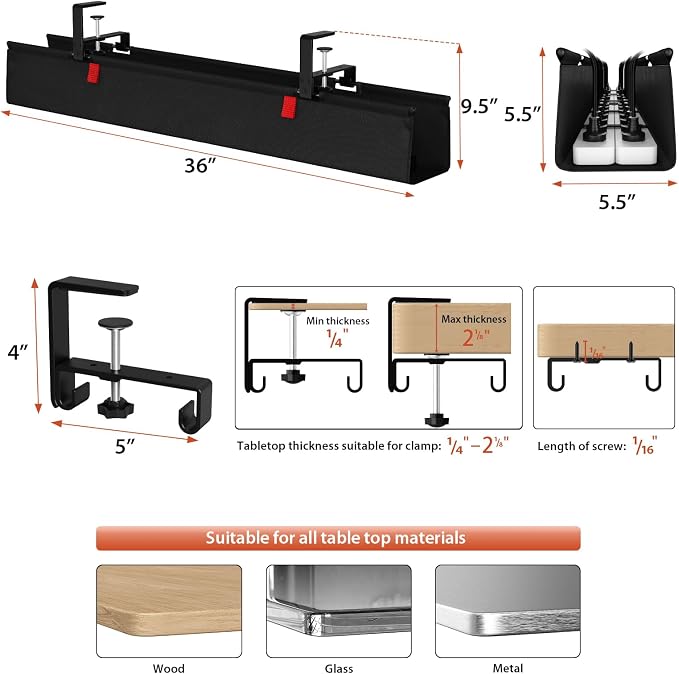 Univivi No Drill Under Desk Cable Management Tray, Clamp/Screw Mount Desk Cable - Image 4