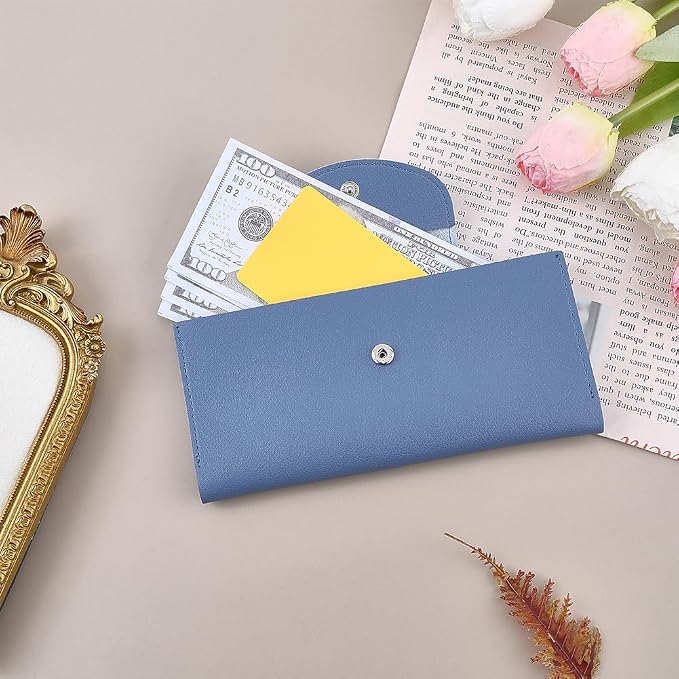 PU Leather Cash Envelope Wallet Blue All in One Long Bifold 2 Tier Reusable - Image 3