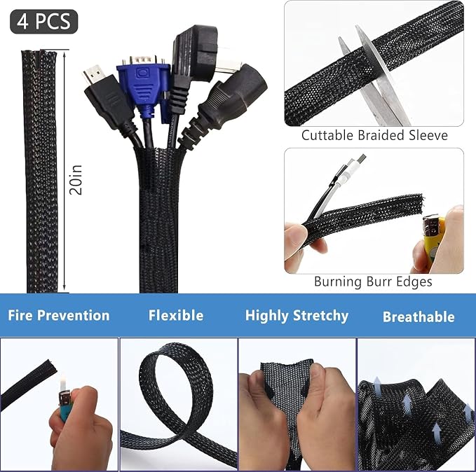 ELII 300PCS White Cable Management Kit, 4 Cable Sleeve 35 Cable Clips | 11Cord - Image 2