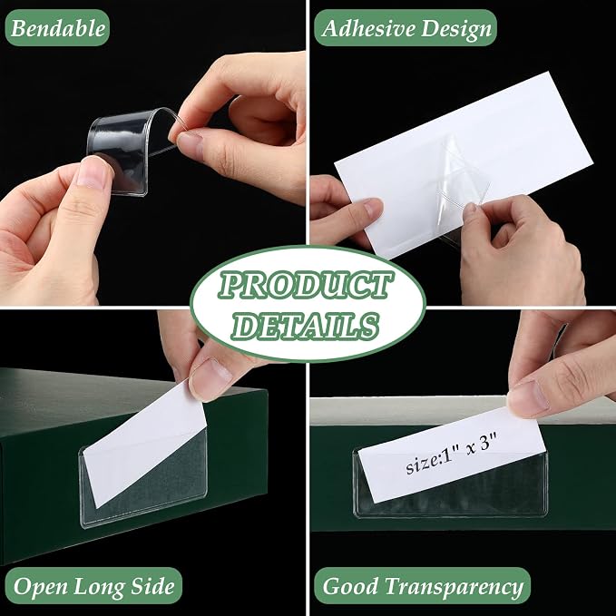 Meanplan 100 Pcs Label Holder Self Adhesive Clear Pocket 3x1 Inch Plastic Shelf - Image 3