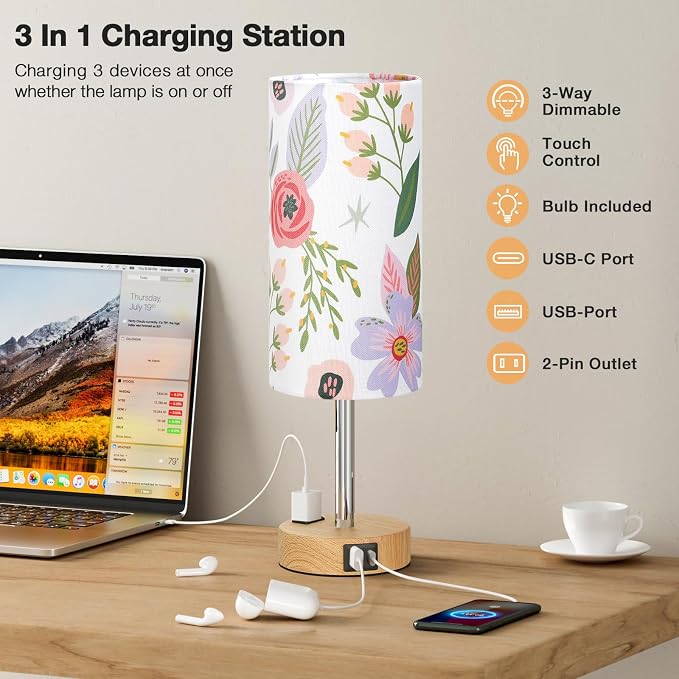 Fenmzee Floral Touch Lamp for Bedroom- 3 Way Dimmable Bedside Lamp USB C A - Image 6