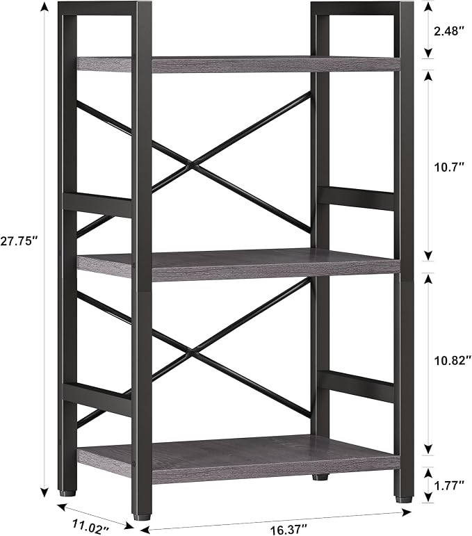 Homeiju Bookshelf, 3 Tier Industrial Bookcase, Metal Small Bookcase, Rustic - Image 3