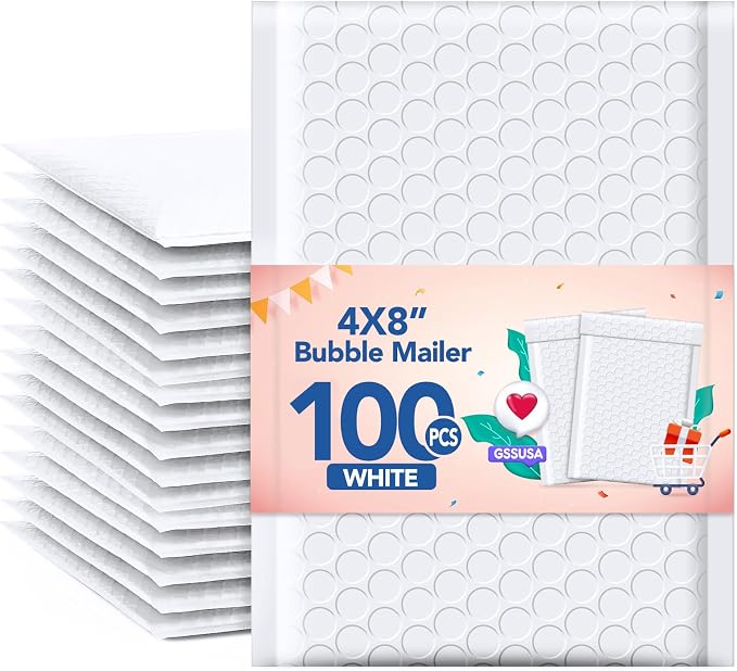 GSSUSA White Bubble Mailers 4x8 100 Pack, Self Seal Padded Envelopes | Usable by GSSUSA