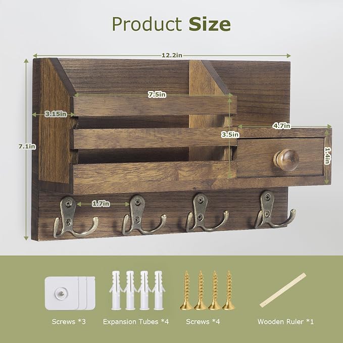 Key Holder Wall Mount, Wooden Adhesive Mail and Key Organizer - Image 5