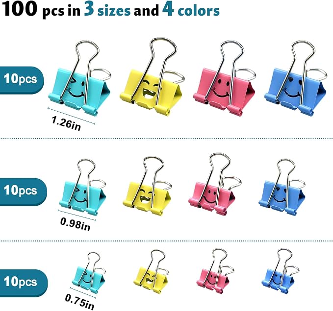 100 Pack Binder Clips Paper Clamps Assorted Sizes and Colors Cute Binder Clips - Image 4