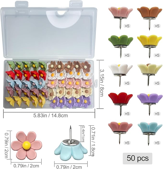 50pcs - 10 Colors Flower Push Pins Cute Thumb Tacks - Image 3
