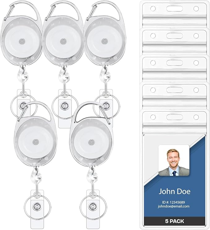 5 Pack Id Badge Holder with Clip – Transparent White Badge Reels with Id by WillWell