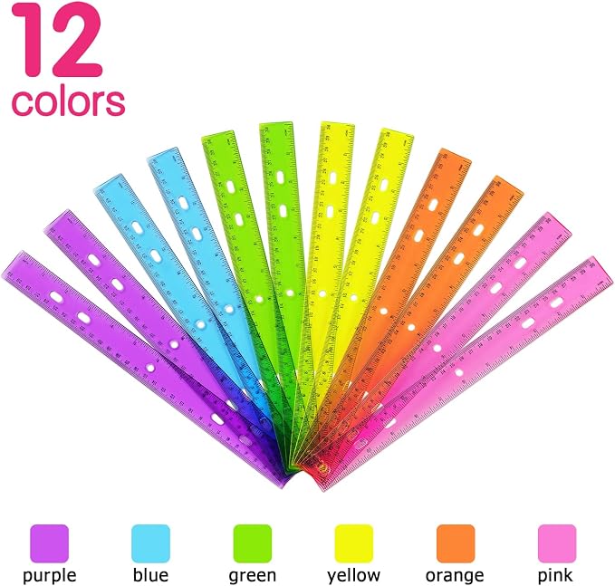 ZZTX 12 Pack Color Transparent Ruler Plastic Rulers 12 Inch, Metric Bulk Rulers - Image 2