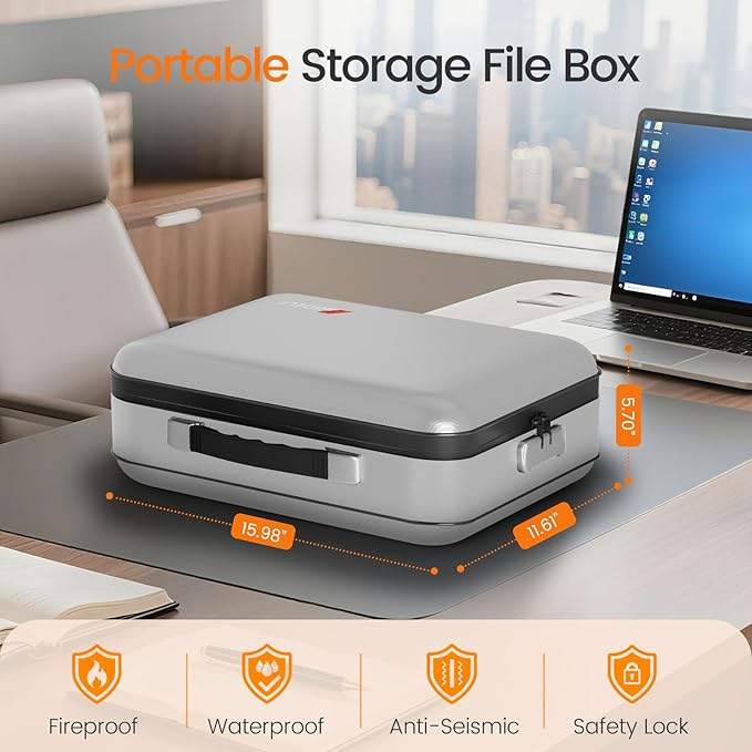 Fireproof Document Box with Lock, 5200°F Fireproof Water Resistant Hard Case - Image 2