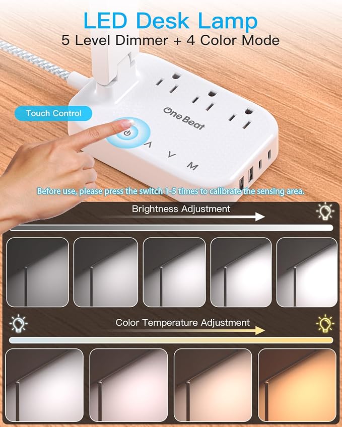 One Beat Small LED Desk Lamp Power Strip 5ft Extension Cord - Image 3