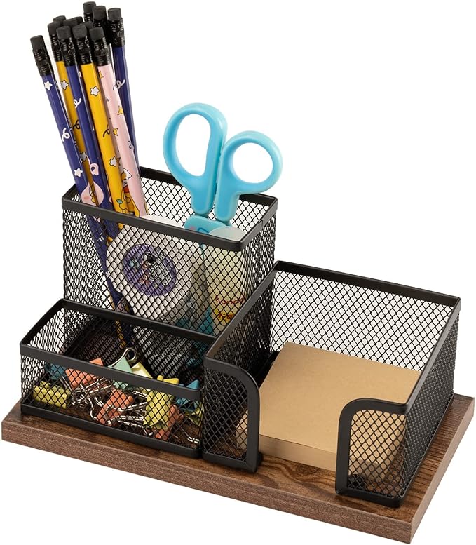 Antique Wood & Mesh Pen Holder Office Supplies Caddy, Storage Baskets - Image 2