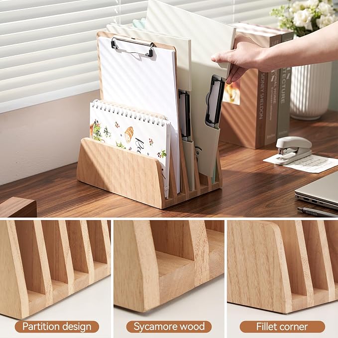 KIRIGEN Wooden Desk Mail Organizer, 5-Slot File Holder and Letter Sorter - Image 4