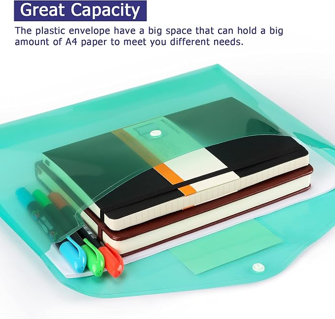 6 Pack Clear Document Folders Plastic Envelopes, A4 Size, 6 Colors | Poly - Image 5