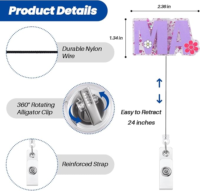 Purple Flower MA Funny Nurse Badge Reel, Cute Retractable ID Badge Holder - Image 3