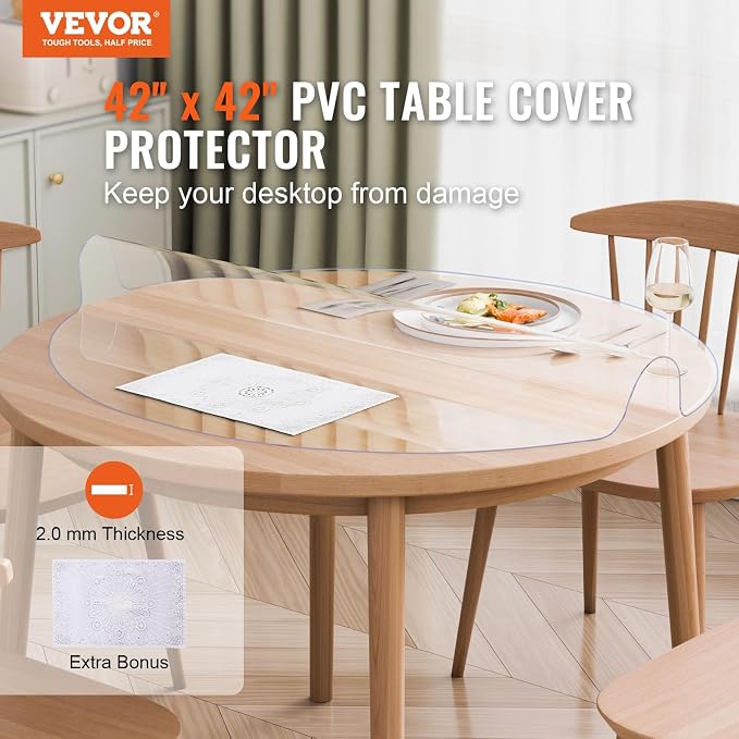 VEVOR Plastic Table Cover, 42 x 42 Inch 2.0 mm Thick Clear Round PVC Desk Mat - Image 2