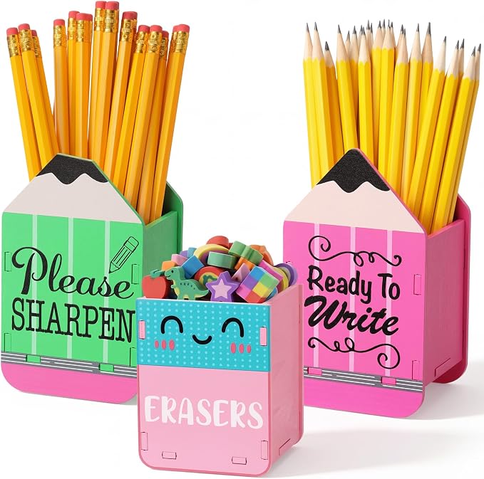 DoubleFill 3 Pcs Sharp and Dull Pencil Holder Eraser Buckets Wooden Shaped by DoubleFill