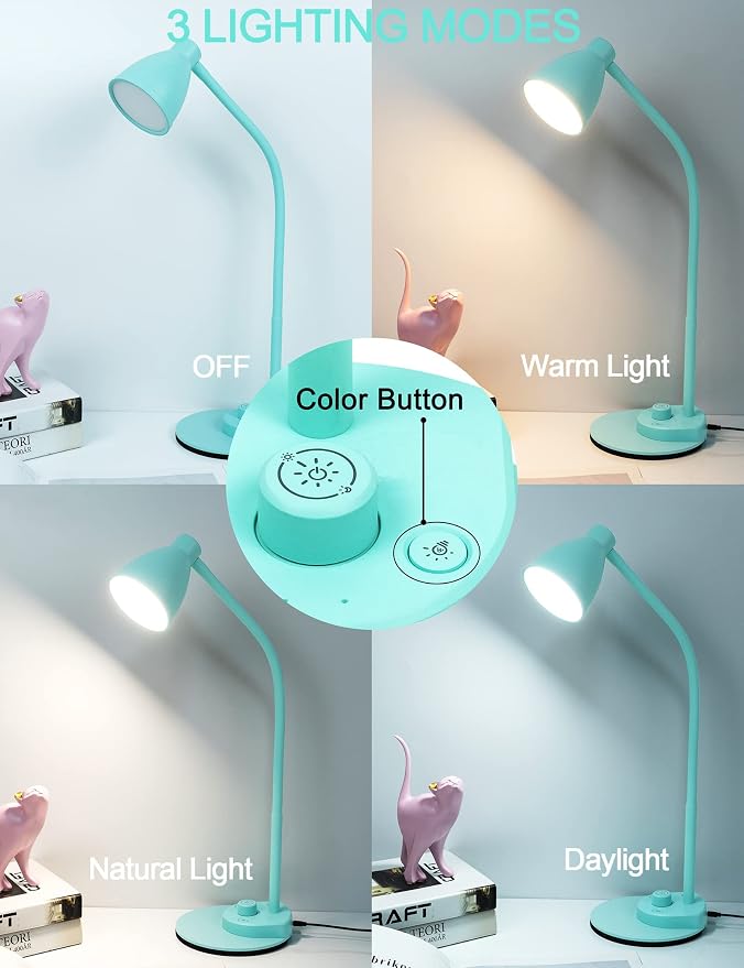 BOHON LED Desk Lamp with USB Charging Port, 3 Color Modes Dimmable, Teal | - Image 2