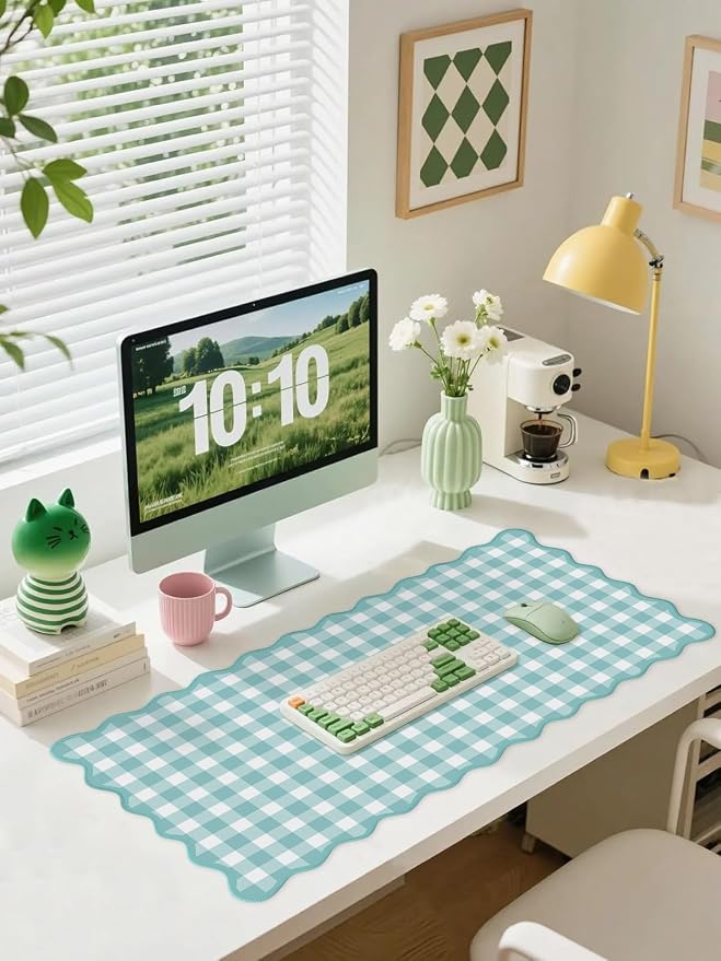 Scalloped‌ Teal Green Checkered Desk Mat Cute Pastel Large Gaming Mouse Pad - Image 2