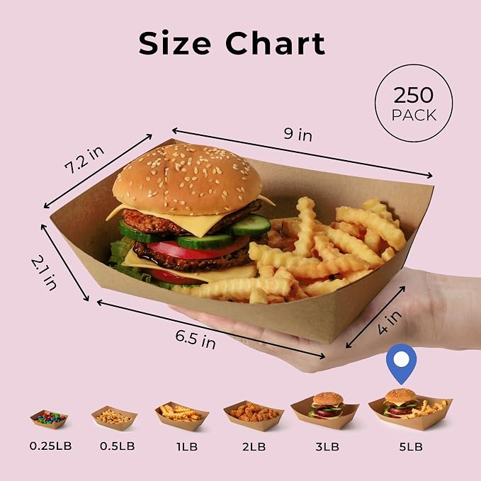 Fit Meal Prep [250 Pack 5 lb Paper Food Boats Heavy Duty Disposable Food Trays - Image 2