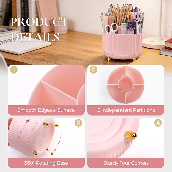 KONVINIT Pencil Pen Holder for Desk, 5 Slots 360 - Image 4