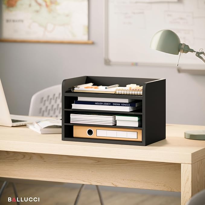 Ballucci File Organizer, 4-Tier Office Desk Organizer, Open Top Wood Paper - Image 6