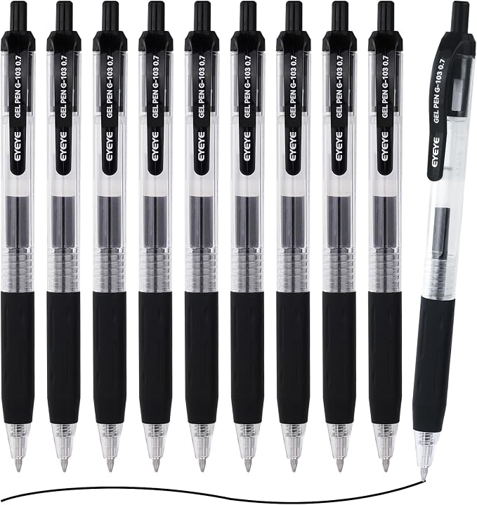 EYEYE G-103 Black Gel Pens 0.7mm, 10 Pack Retractable Medium Point Ballpoint by eyeye