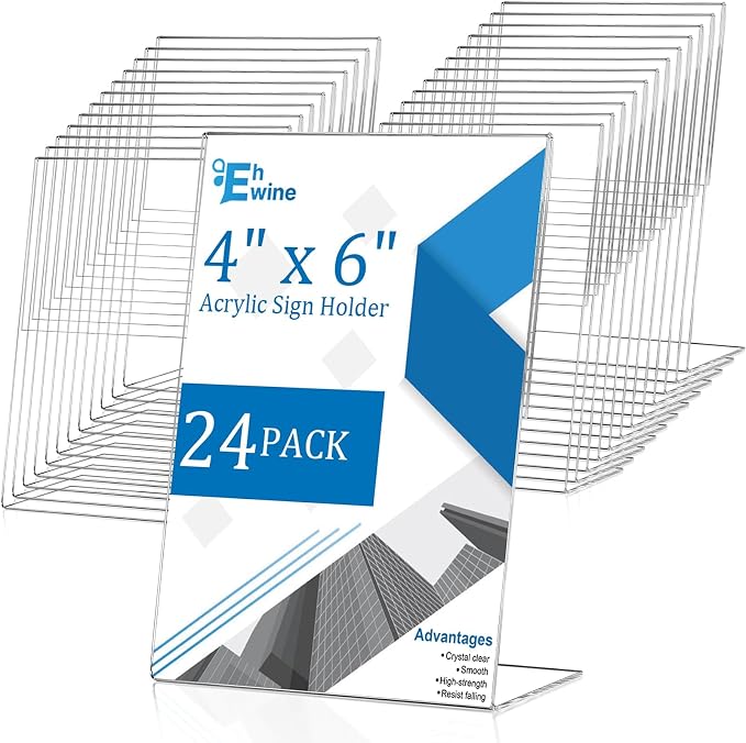 EHWINE 24 Pack 4 x 6 Acrylic Sign Holder, Vertical Slanted Back Paper Holder by EHWINE