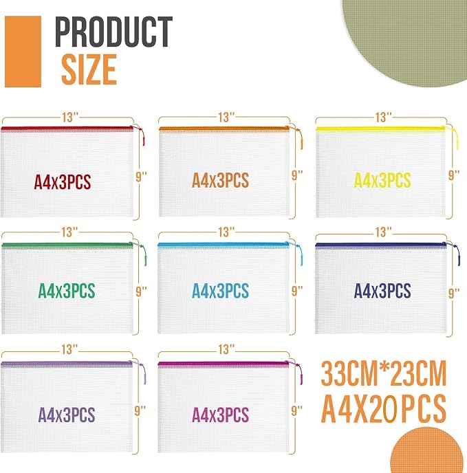 YOPCDJ 20PCS Mesh Zipper Pouch Bags, A4 13x9 Inches Waterproof Mesh Bags - Image 2
