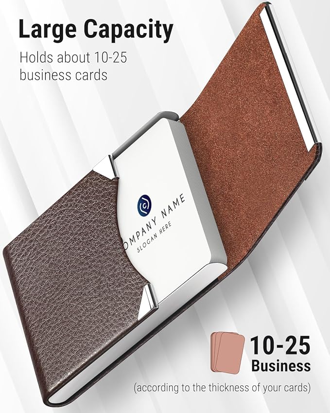 MaxGear Business Card Holder, PU Leather Business Card Case, Coffee | Stainless - Image 2