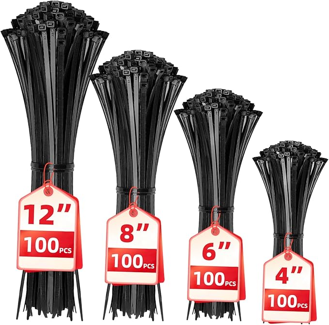 Cable Zip Ties, 400 Pack Black Assorted Sizes 12+8+6+4 Inch, Plastic Wire Ties by HAVEMETD