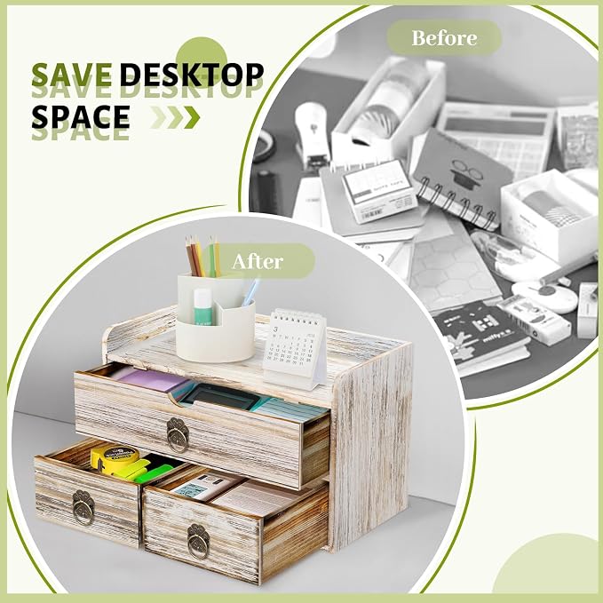 Wood Desk Organizer with Drawer, Vintage Brown Wooden Desktop Organizer - Image 6