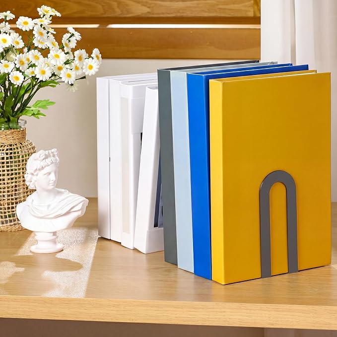 Chunful 6 Pcs Gray Book Ends for Shelves Modern Metal Small Bookends Book Shelf - Image 7