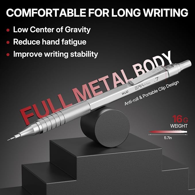 WUO Mechanical Pencils 0.7mm, 3 Silver Metal Drafting Pencils - Image 4