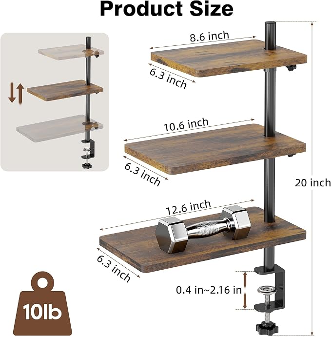 3 Tiers Clamp On Desk Shelf, 360° Angle Adjustable Desktop Shelf Organizer - Image 2