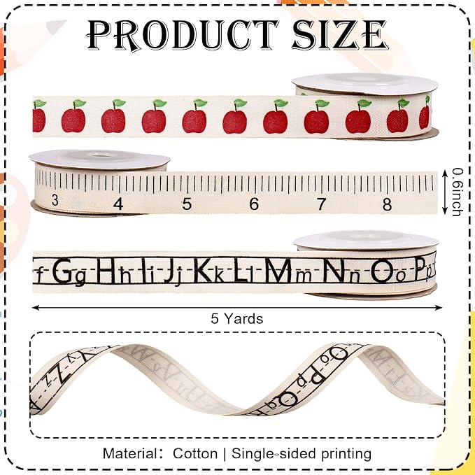 FYSUIMU Ruler Apples Alphabet Ribbons 3 Rolls 5/8 Inch x 5 Yards Back to School - Image 2